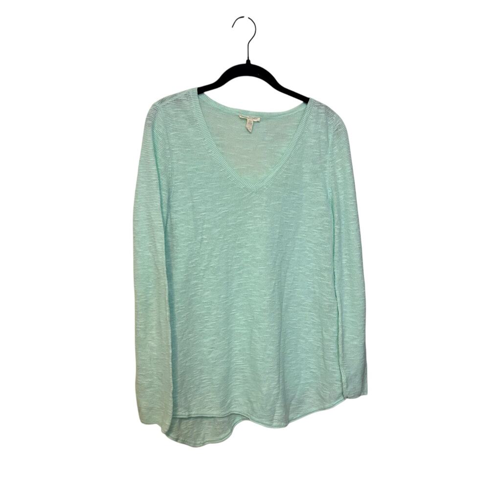 Eileen Fisher Mint Green V Neck Linen Knit Top Size Petite Large PL
